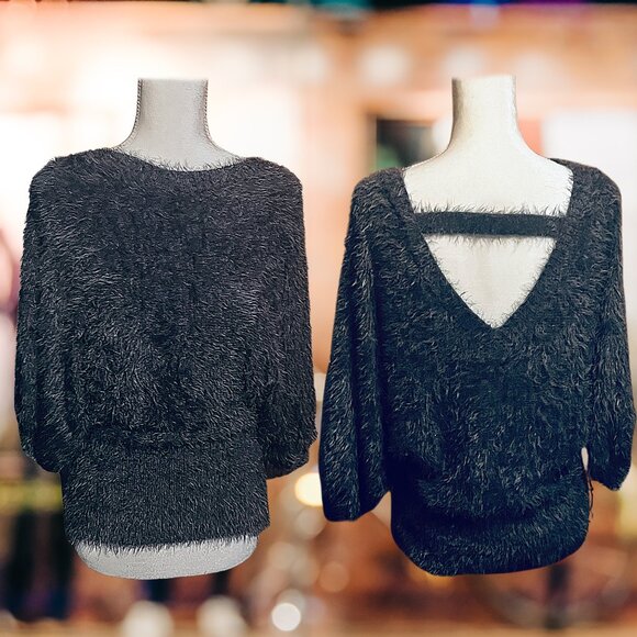 Trending For Fall Fuzzy Furry Dark Gray Ladder Back Soft Comfy Sweater NEW - Picture 2 of 5